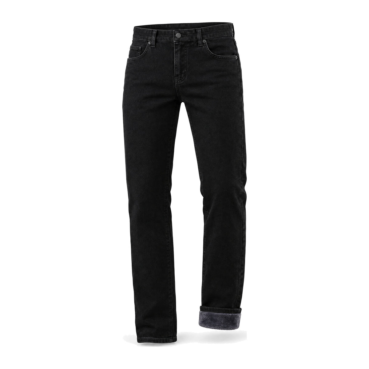 Thermo-Jeans mit Fleecefutter Herren Schwarz – Saum umgeschlagen, Fleece sichtbar