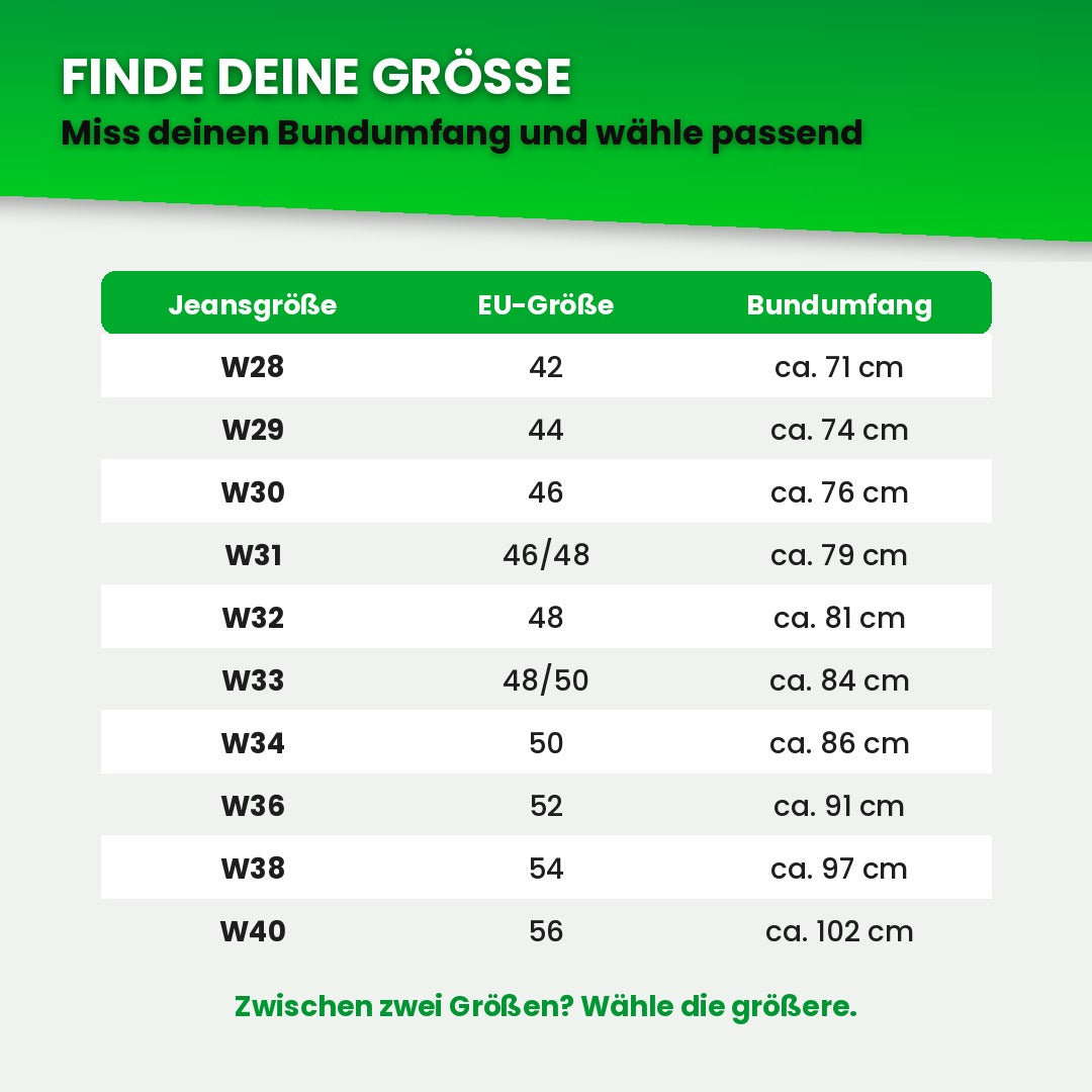 Größentabelle Thermo-Jeans: Jeansgröße, EU-Größe und Bundumfang