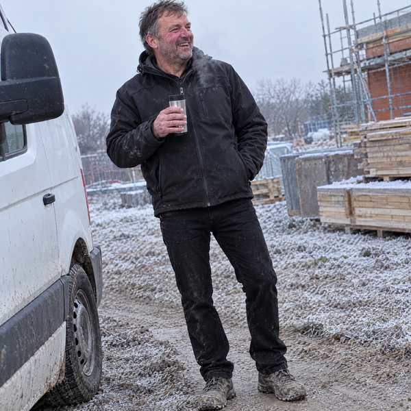 Thermo-Jeans Schwarz auf der Baustelle am Morgen