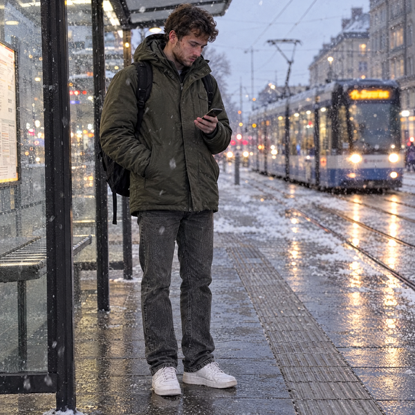 Thermo-Jeans Grau an der Straßenbahnhaltestelle