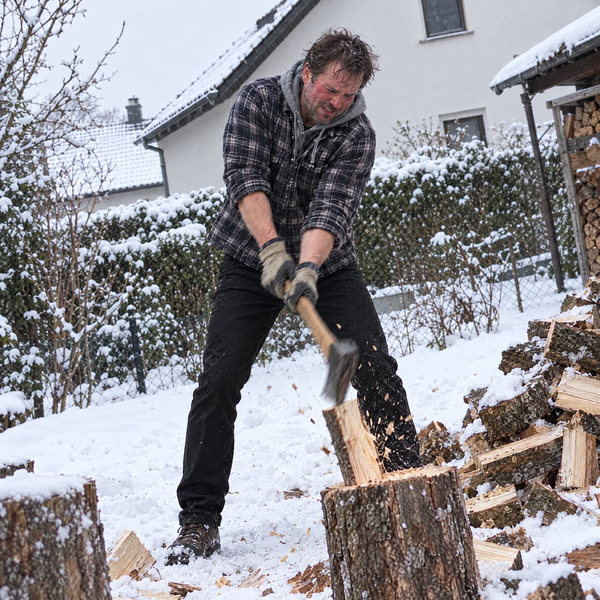 Thermo-Jeans Schwarz beim Holzhacken im Schnee